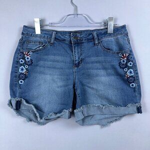 Earl Denim Jean Shorts Womens Size 12P Embroidered Flowers Mid Rise Blue